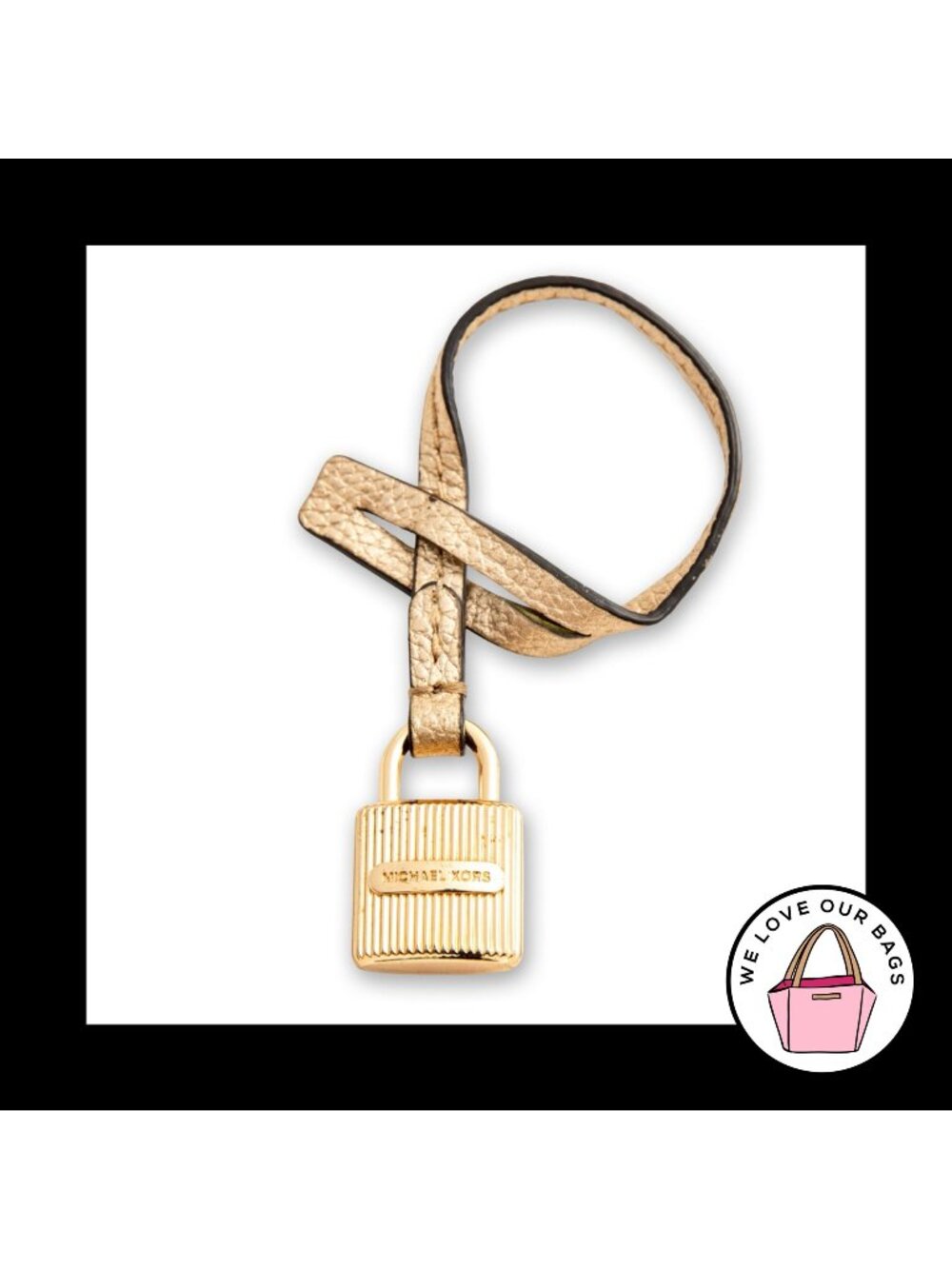 MICHAEL KORS LOCK Gold Brass Gold Leather Strap Bag Charm Hang Tag Keychain Fob